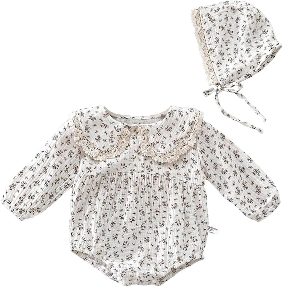 Baby Girl Floral Romper Lace Peter Pan Collar Long Sleeve One Piece Bodysuit with Bonnet Spring F... | Amazon (US)