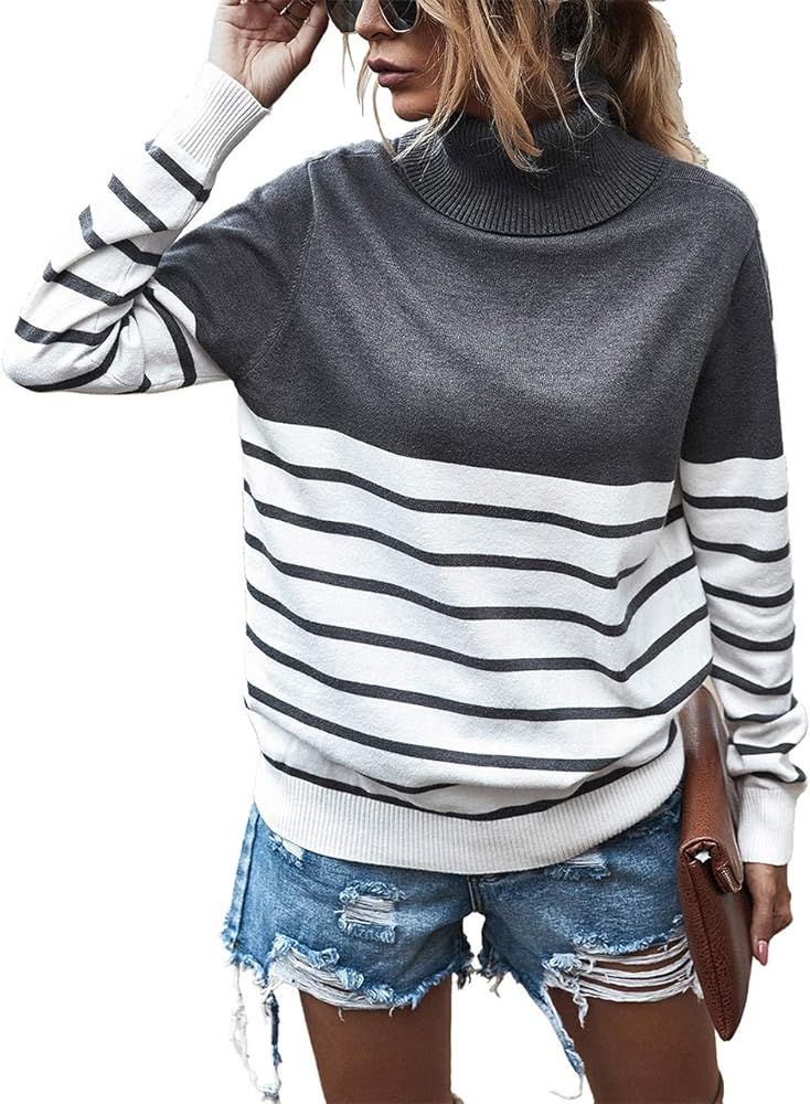 KIRUNDO 2021 Women’s Turtleneck Knitted Sweater Long Sleeves Stripe Color Block Patchwork Loose Ribb | Amazon (US)