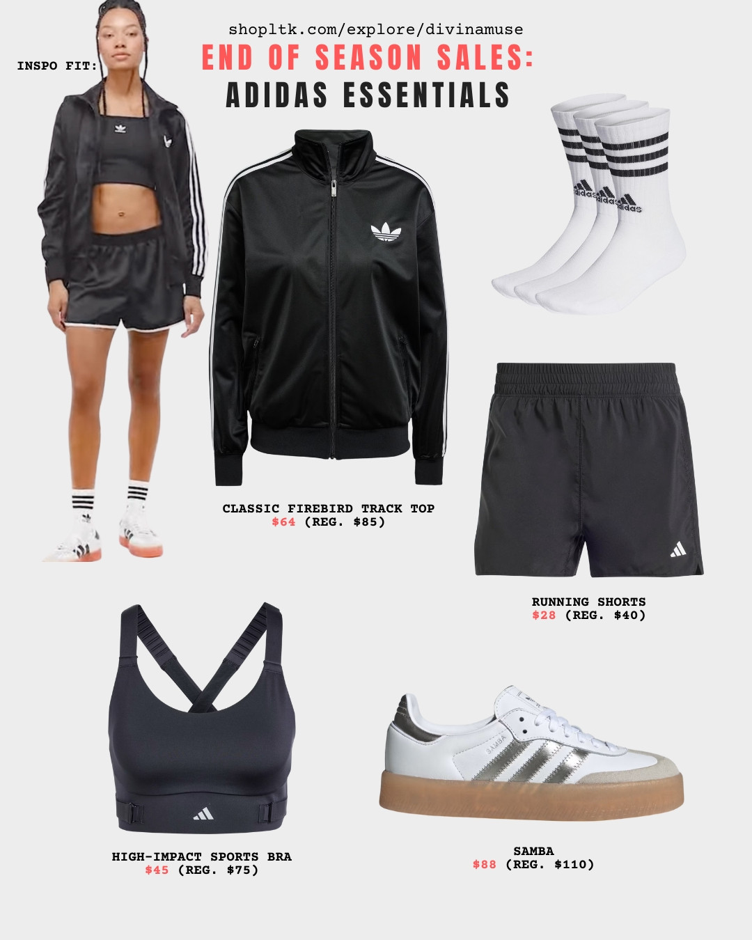 end of season sales: adidas essentials outfit. a mix of streetwear, sportswear, and fitness workout exercise fits to blend and match. wear for comfortable errands, runs, walks, and weightlifting. high-impact support sports bra, classic track jacket, proper running shorts, and trendy sambas with crew socks to complete the fit. #workoutoutfits #athleisure #casualoutfit  

 #LTKActive #LTKSaleAlert #LTKFindsUnder100