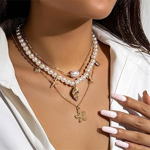 Dainty Layered Pearl Necklaces 14K Gold Plated Shell Starfish Eye Pedent Figaro Chain Choke Neckl... | Amazon (US)