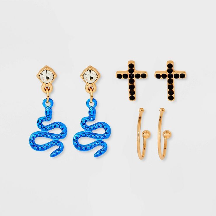 Cross and Anodized Snake Trio Hoop Earring Set - Wild Fable™ Gold | Target
