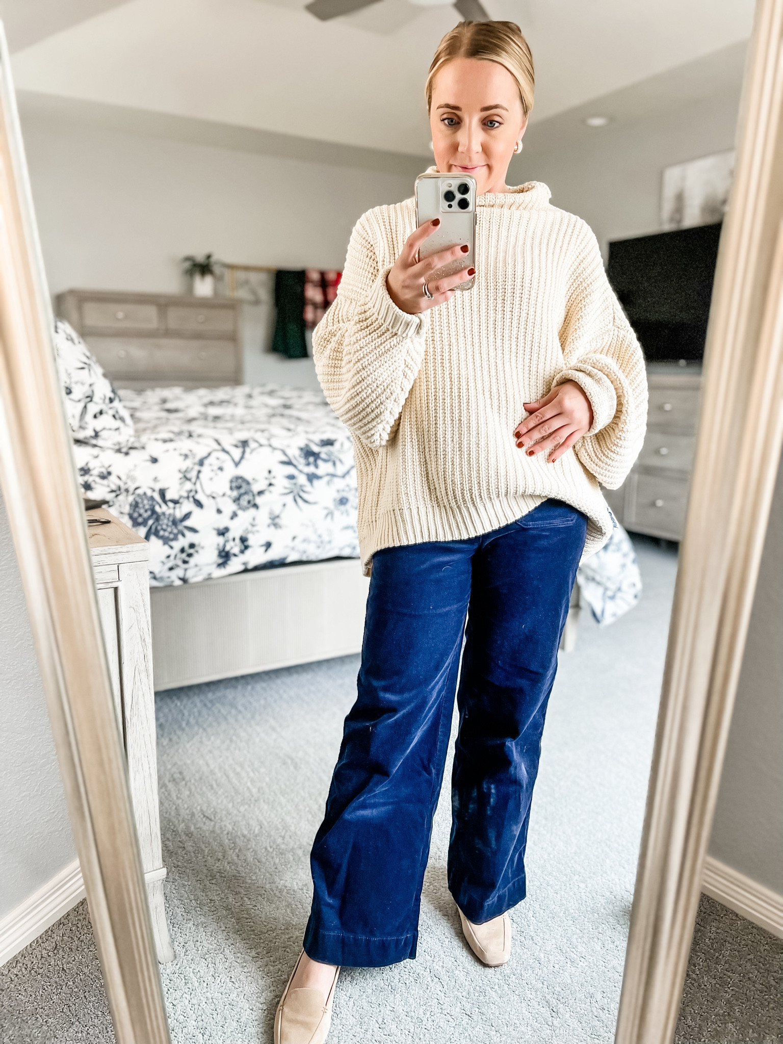 Chunky oversized sweater paired with wide leg corduroy pants. Sized down to two petite in the cords. Sharing similar oversized sweaters and the newer version of these loafers. Petite. Corduroy pants. Chunky sweater. Casual outfit. Winter outfit. 