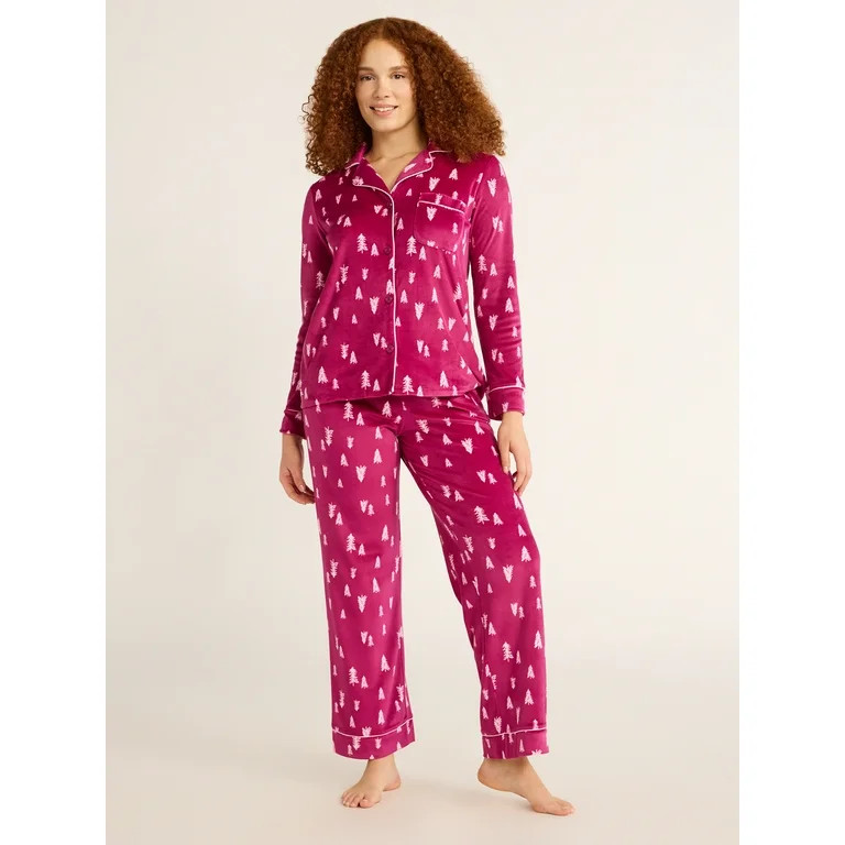 Joyspun Women's Cozy Jersey Notch Collar Top and Pants Pajama Set, 2-Piece, Sizes XS-4X | Walmart (US)