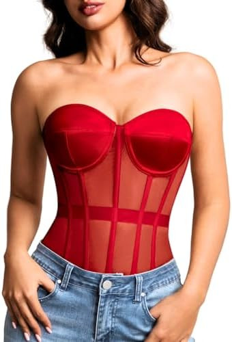 Kaei&Shi Sheer Mesh Overbust Corset,Sexy Strapless Lace Up Satin Bra Corsets Top For Women Shapew... | Amazon (US)