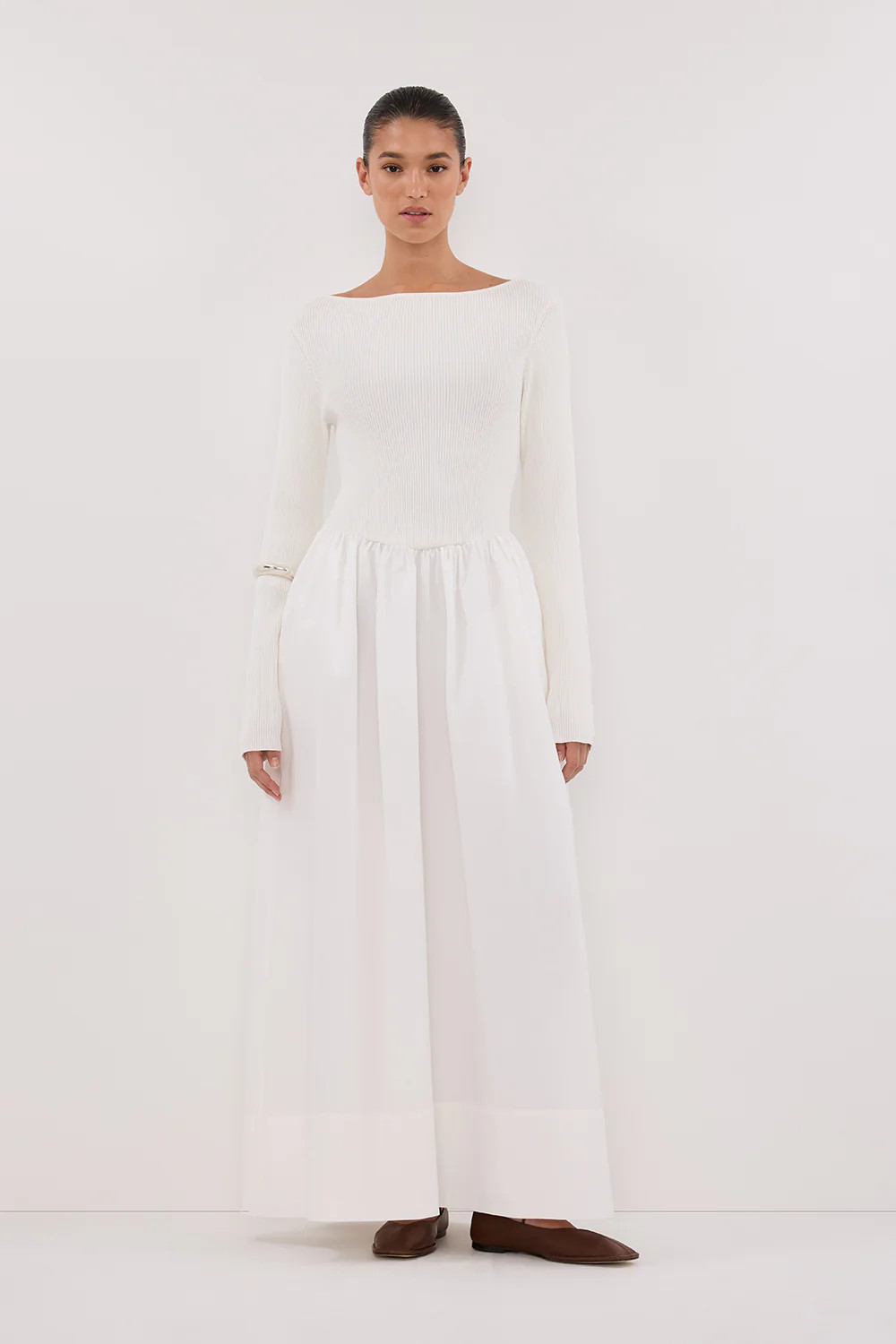 ABIGAIL WHITE HYBRID LONG SLEEVE MIDI DRESS | DISSH