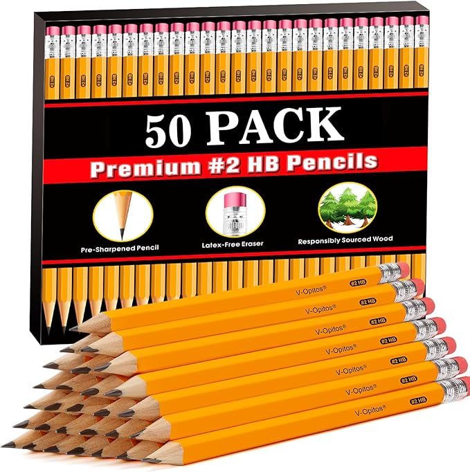 V-Opitos Wood-Cased #2 HB Pencils, 50 Pack Pre-Sharpened Pencils with Top Erasers, Bulk Yellow Pe... | Amazon (US)