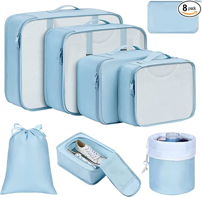 Packing Cubes for Travel, 8Pcs Travel Cubes Set Foldable Suitcase Organizer Lightweight Luggage S... | Amazon (US)