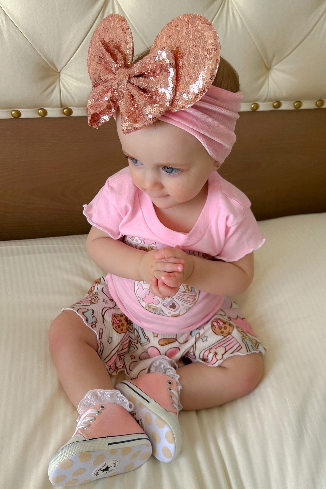 Baby girl Disney outfit ; baby girl
Mouse ears ; baby girl minnie headband ; baby girl sparkle shoes ; baby sneakers ; Amazon baby 

Outfit @my.sassy.miss

#LTKtravel #LTKkids #LTKbaby