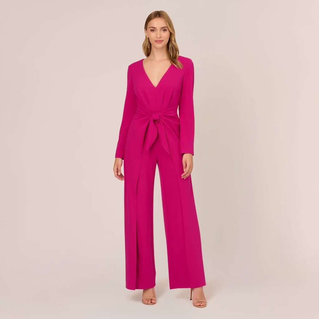 Long Sleeve Crepe Jumpsuit With Tie Front In Hot Orchid | Adrianna Papell