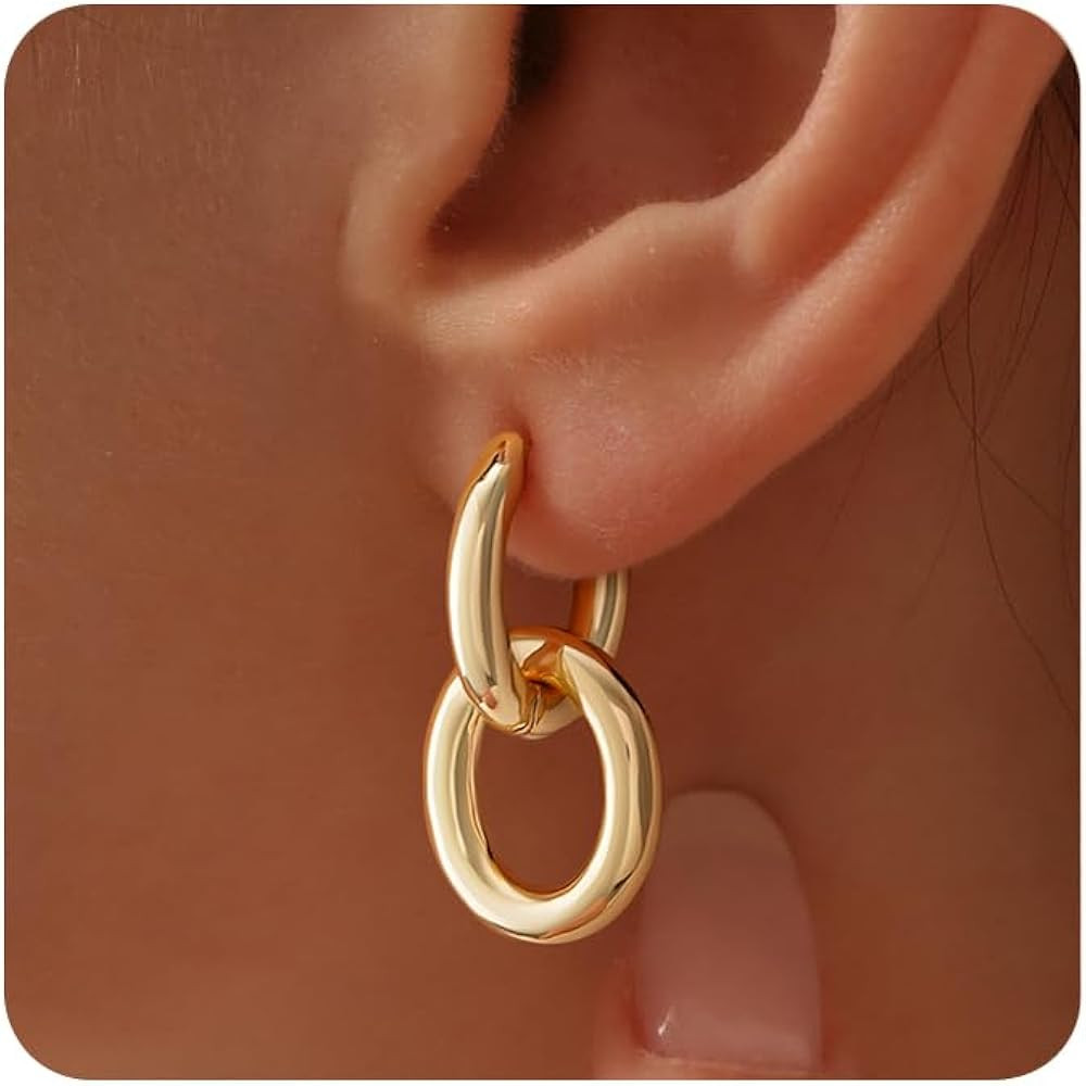 Gold Hoop Earrings for Women 14K Gold Plated Simple Dangle Drop Earrings Dainty Huggie Earrings J... | Amazon (US)