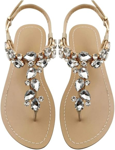 Women's Rhinestone Flat Sandals, Women Flip Flops with Beadeed Rhinestone Crystal Jeweled Sandal ... | Amazon (US)