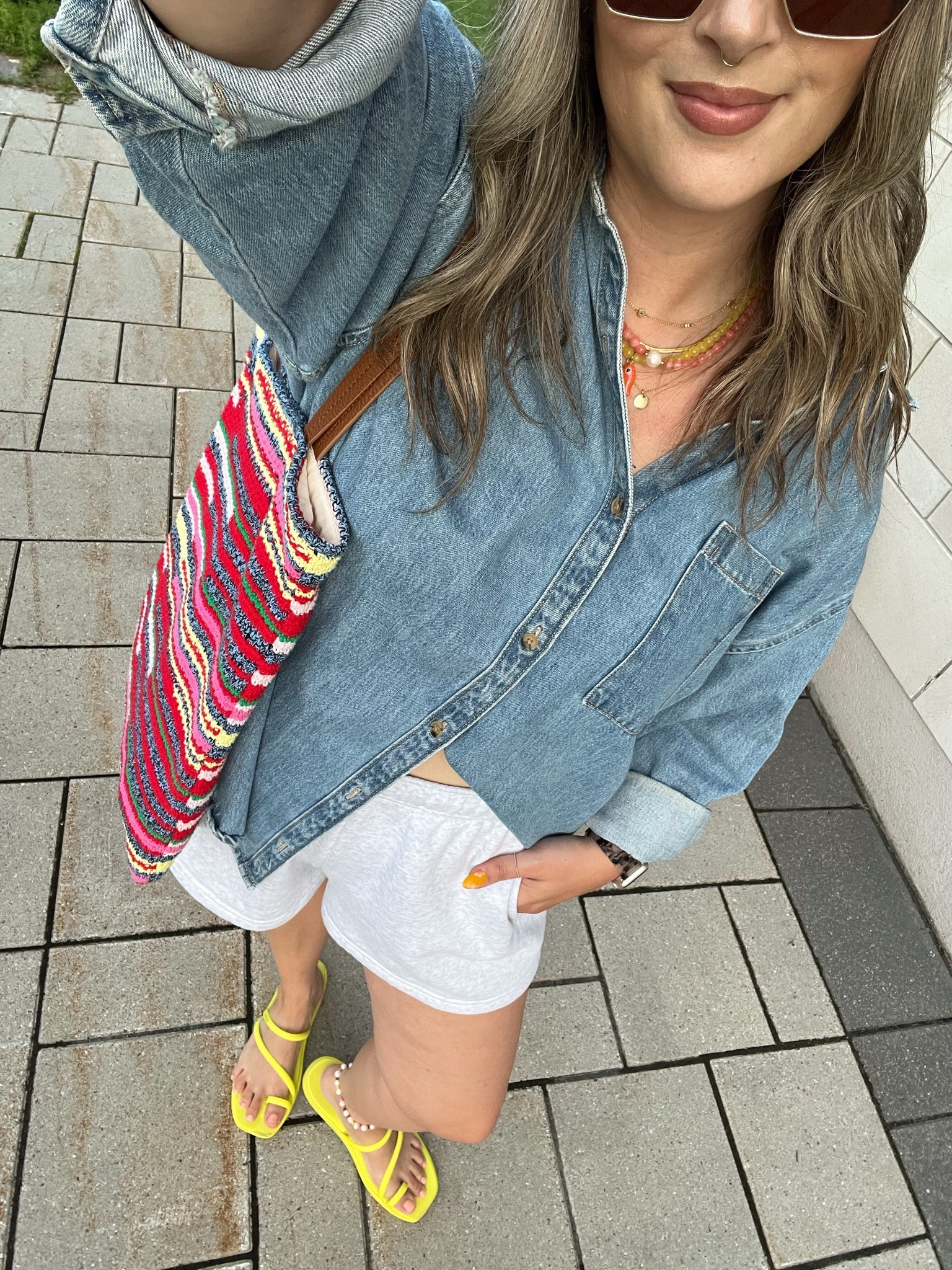 Easy summer outfit! Wearing L in the denim shirt (Canadian link under “similar products”). Also wearing L in the sweat shorts. I’m a 9.5-10 shoe and wear a 10 in the crocs toe loop sandals. Canadian bag link is also under “similar products”

#LTKsummer #LTKsale #LTKmidsize