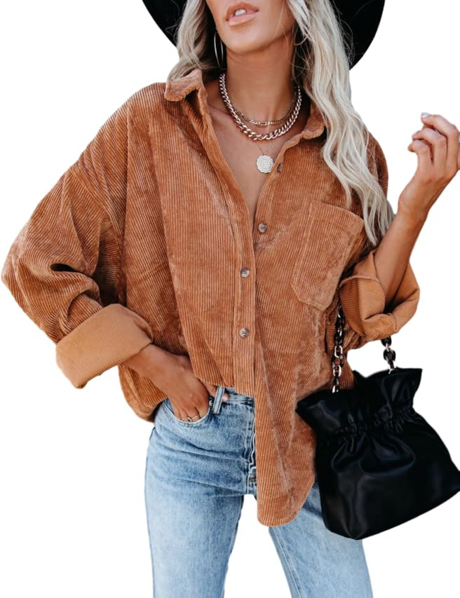 JOCAFIYE Women's Corduroy Shirt Casual Long Sleeve Button Down Blouses Tops | Amazon (US)