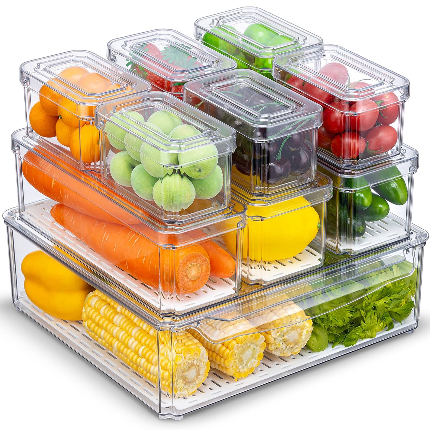 10 Pack Fridge Organizer, Stackable Refrigerator Organizer Bins with Lids, BPA-Free Produce Fruit... | Amazon (US)