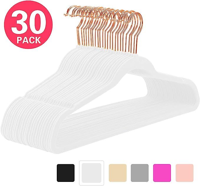 MIZGI Premium Velvet Hangers (Pack of 30) Heavyduty - Non Slip - Velvet Suit Hangers White - Copp... | Amazon (US)