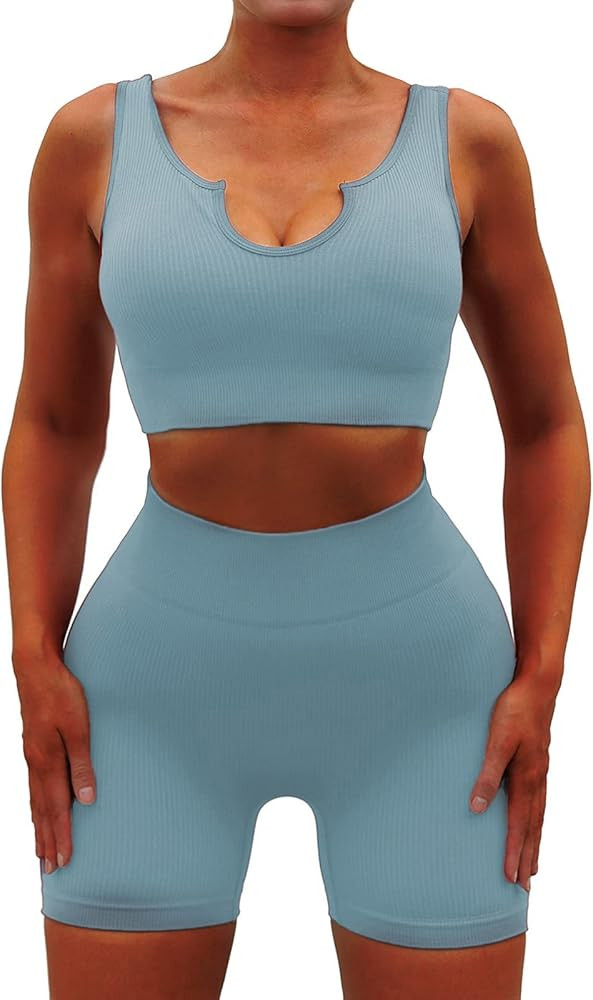 Seamless Workout Sets for Women 2 Piece Yoga Outfits Ribbed High Waist Leggings with Sports Bra Gym  | Amazon (US)