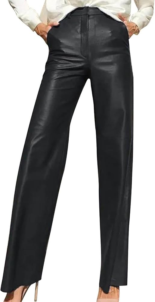 Women's Faux Leather Pants Button Straight Leg Trousers with Pockets Solid Color Retro Versatile ... | Amazon (CA)