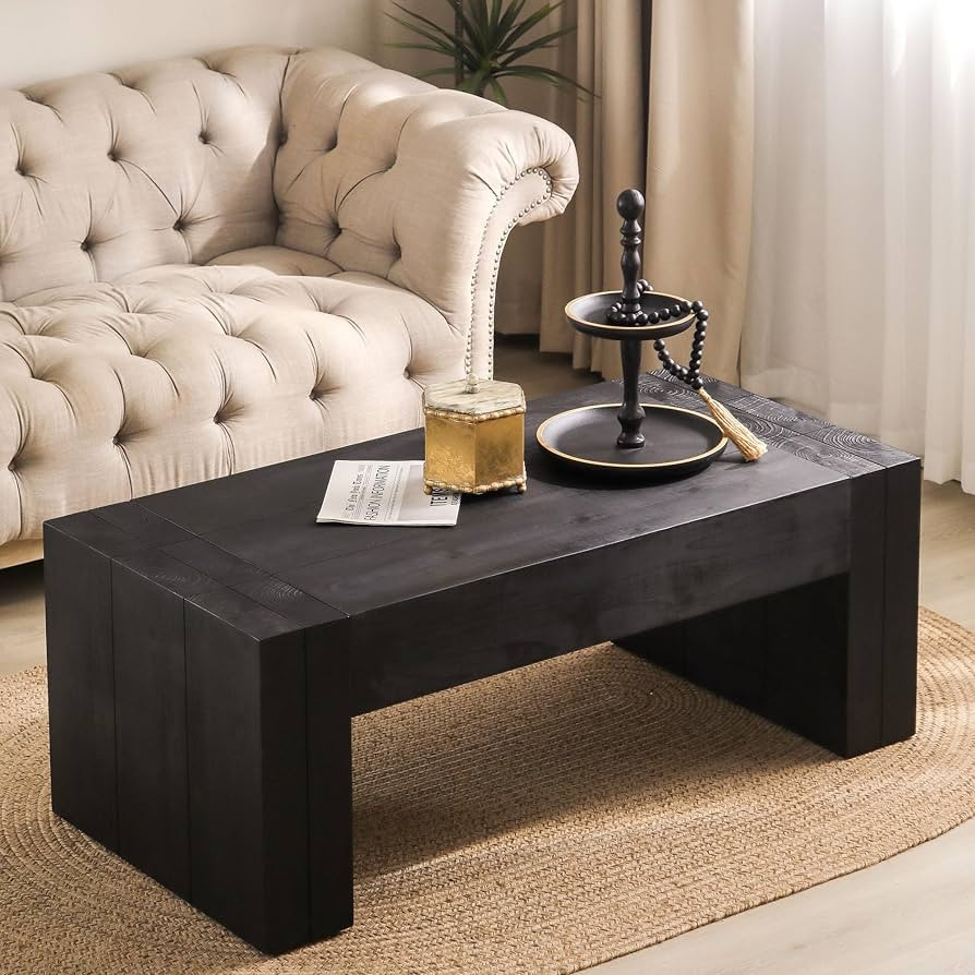 KEIKI Modern Farmhouse Coffee Table, Natural Wood Living Room Tea Table with Thick Top Design, Bl... | Amazon (US)