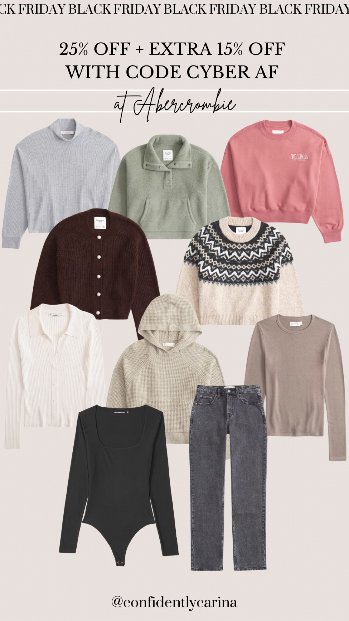 One of Abercrombie’s biggest sales of the year - 25% off everything + an extra 15% off your purchase with code CYBERAF! 

#LTKGiftGuide #LTKCyberWeek #LTKHoliday