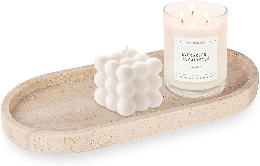 WORHE Stone Tray Natural Travertine Stone Vanity Tray for Jewelry Candles Perfume 11.8" x 5" Marb... | Amazon (US)
