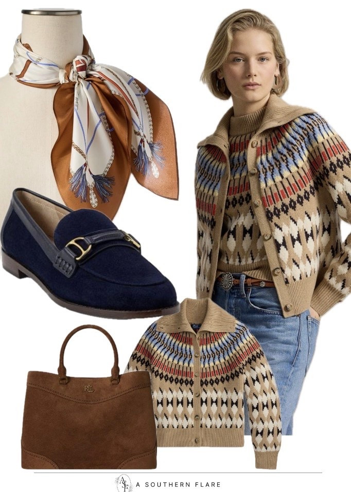 New fall Fashion/ cardigan: scarf. Bags/ loafers