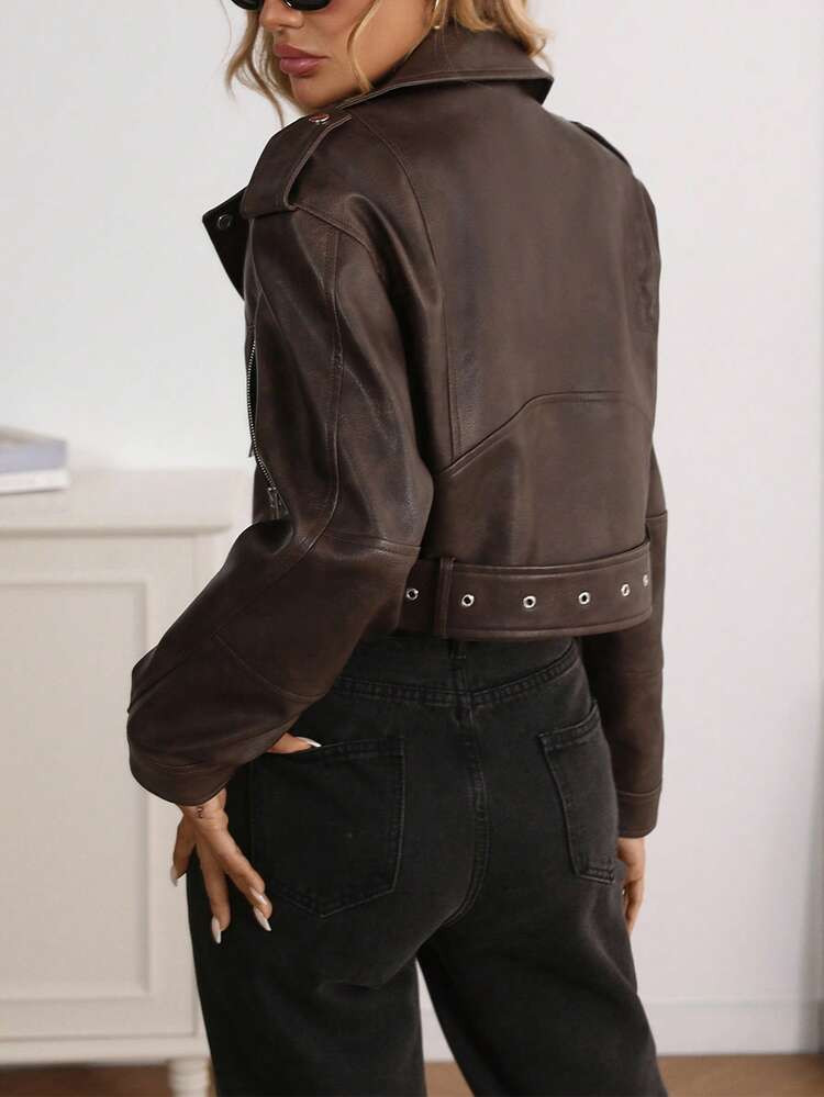 Women's Faux Leather Jacket Long Sleeve Zip Crop Biker Jacket | SHEIN