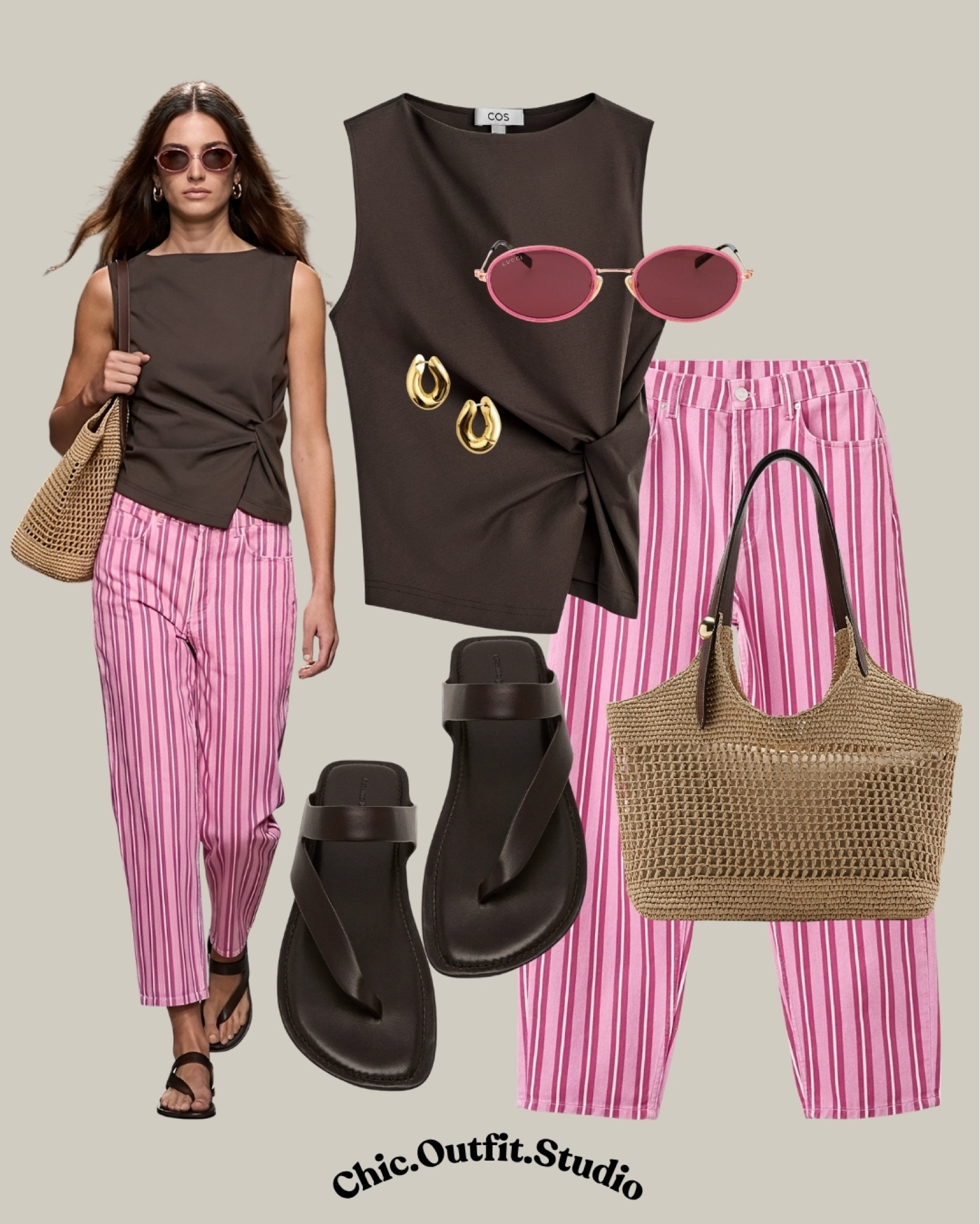 💫 Chocolate Brown Top & Pink Striped Trousers Statement Look
💫A rich chocolate brown sleeveless top paired with pink striped lightweight trousers creates a playful yet sophisticated warm weather outfit with bold color contrast and relaxed tailoring. Styled with chunky brown sandals, woven straw tote, and oversized sunglasses, this outfit balances modern resort style with effortless everyday comfort. Perfect for summer vacations, beach dinners, creative workdays, or stylish city strolls.
💫Tags: brown and pink outfit women, striped trousers outfit, statement summer outfit, resort wear women, relaxed tailored trousers, modern vacation style, playful chic outfit, warm weather fashion, summer color combination, elevated casual outfit, European summer fashion, stylish travel outfit, relaxed luxury aesthetic, lightweight summer trousers, contemporary feminine style

#LTKshoes #LTKsummer #LTKbag