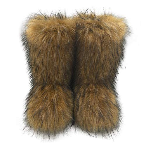 ZOSCGJMY Faux Fur Boots for Women Fuzzy Fluffy Furry Round Toe Suede Winter Snow Boots Flat Shoes Brown 12 | Amazon (US)