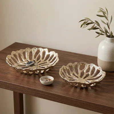 Modern Decorative Bowl With Openwork Flower Design - Accent Bowl Ideal For Coffee Table, Entry Console, Or Home Decor - Set Of 2, 14", Gold | Wayfair North America