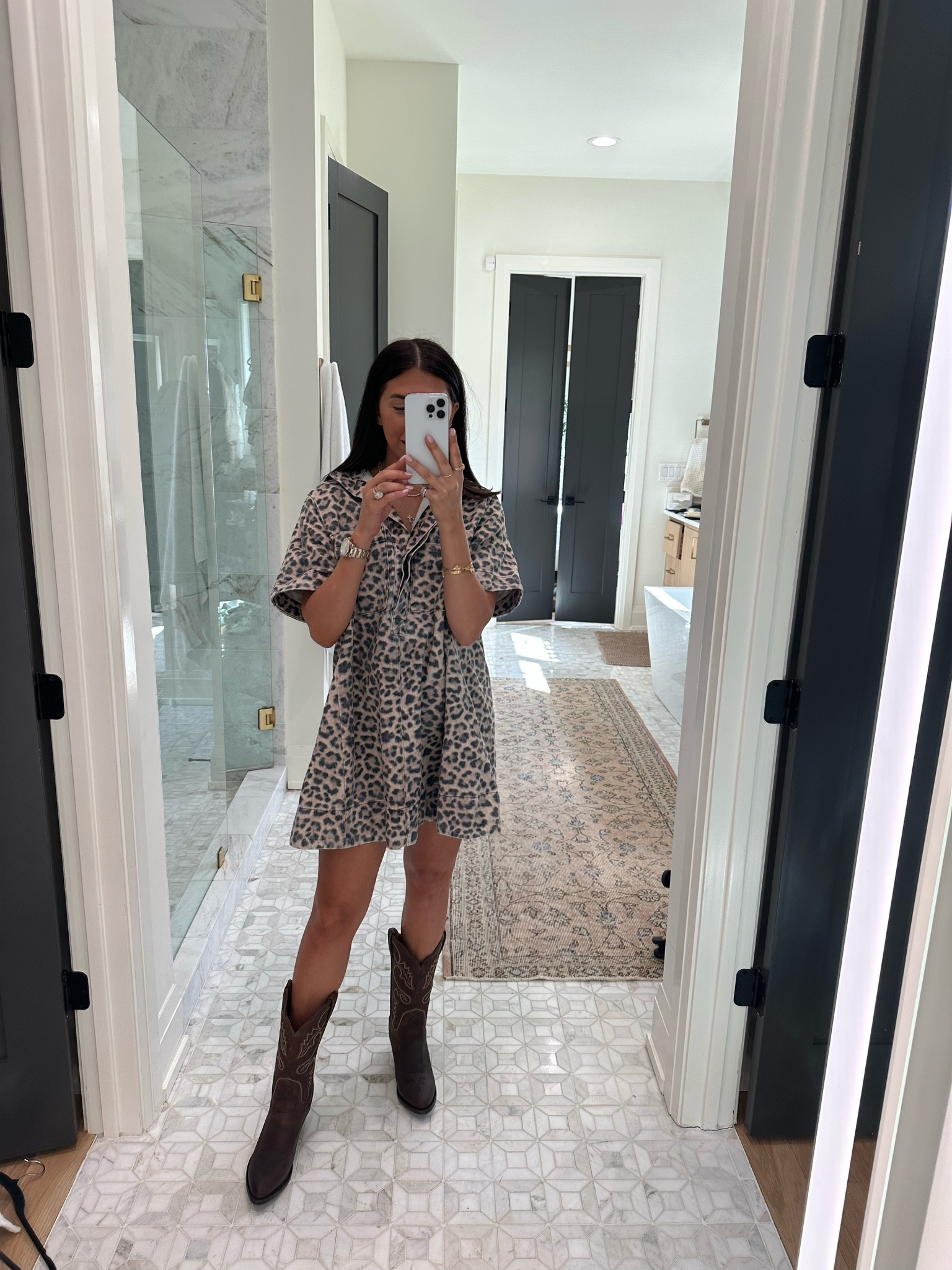 Dress: small
Boots: 8 (tts) 

A little bolder denim leopard dress but still subtle coloring. The fit is comfy and flattering!
Dressupbuttercup.com #dressupbuttercup #dederaad 

#LTKSeasonal #LTKStyleTip #LTKTravel