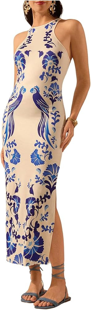 Women's Tropical Bodycon Tank Dress Elegant Summer Vacation Crewneck Split Thigh Long Maxi Dress ... | Amazon (US)