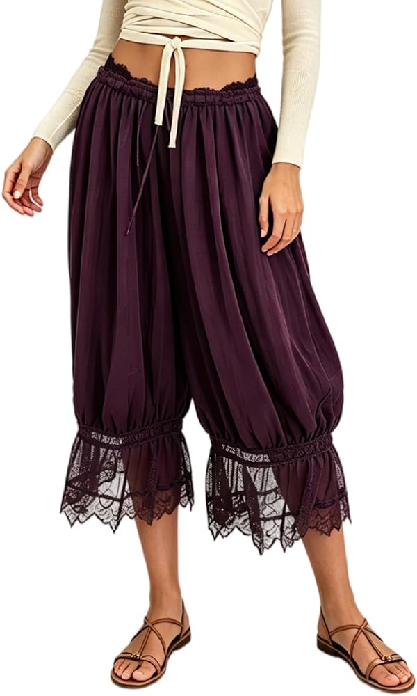 UAURORAO Women Lace Trim Bloomer Pants Flowy Culottes Pantaloons Bloomers | Amazon (US)