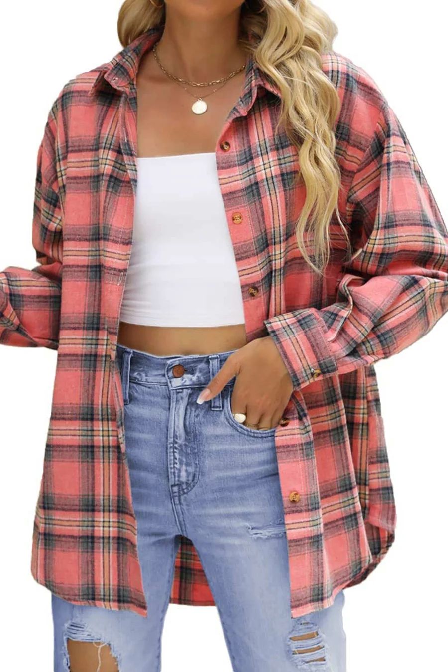 Fantaslook Plaid Flannel Shirts for Women Oversized Long Sleeve Button Down Shirts Blouses Tops -... | Walmart (US)