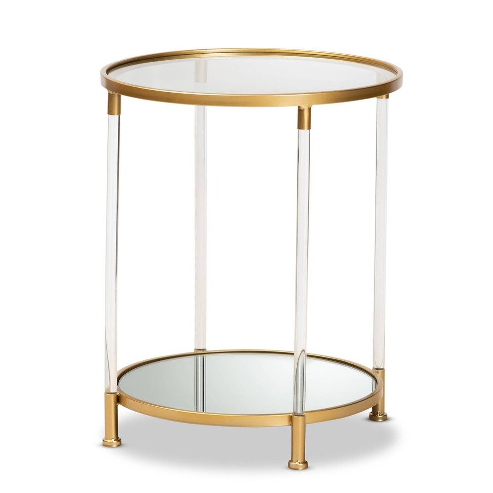 Aubrie Metal and Mirrored Glass Round Accent End Table with Acrylic Legs Gold - Baxton Studio | Target