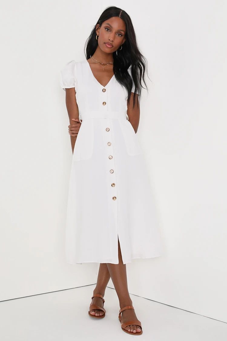 Sicily Sweetheart White Button-Front Puff Sleeve Midi Dress | Lulus