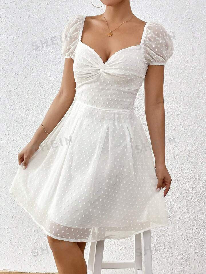 SHEIN Privé Swiss Dot Twist Front Puff Sleeve Tie Neck Dress | SHEIN