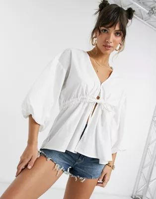 ASOS DESIGN tie waist kimono top with puff sleeves in ivory | ASOS (Global)