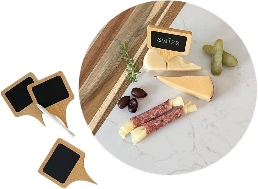 Round Marble Tray Charcuterie Boards (12”) - Acacia Wood Cutting Board w/ 4 Deluxe Cheese Marke... | Amazon (US)