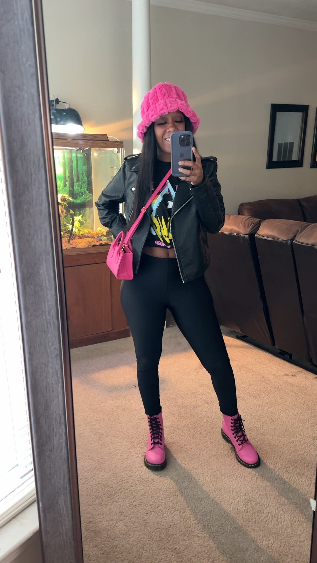Running errands on a cool morning in Atlanta. I’m wearing a black graphic tee, black faux leather jacket, black shiny leggings, pink bucket hat, pink crossbody bag, and pink and black boots! 

#LTKSeasonal #LTKshoecrush #LTKstyletip