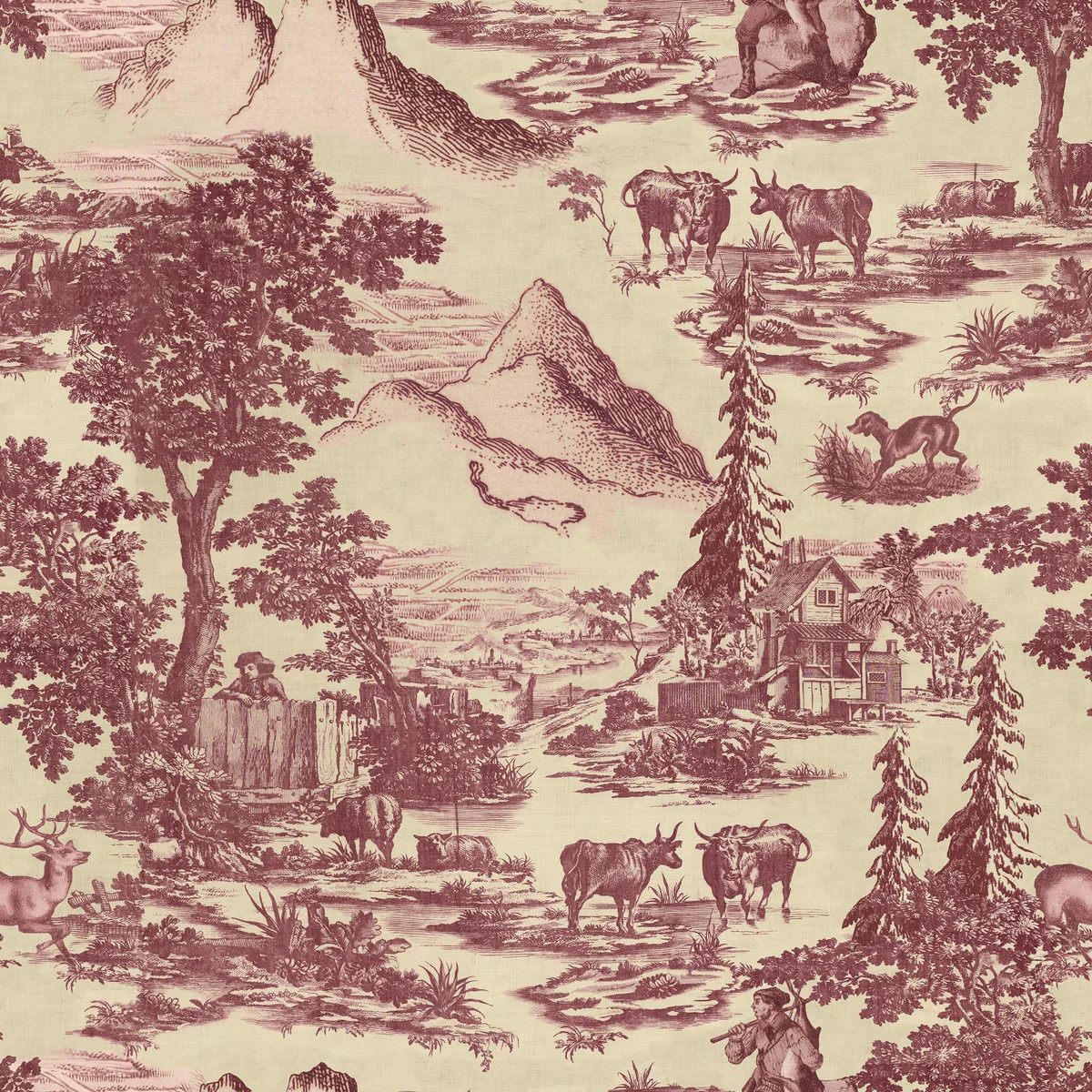 Mindthegap Toile Du Tyrol Burgundy Taupe/Red Wallpaper | DecoratorsBest