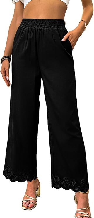 Dokotoo Casual Pants for Women High Waisted Elastic Wide Leg Pants Eyelet Lace Hem Trousers with ... | Amazon (US)
