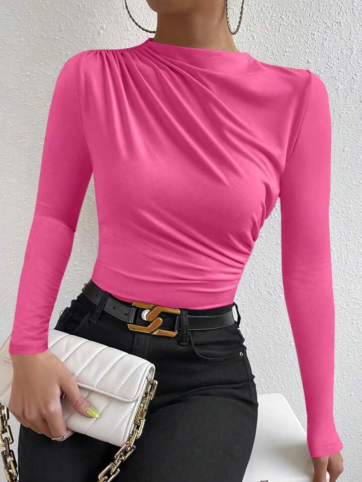 SHEIN Allurite Mock Neck Ruched Tee | SHEIN