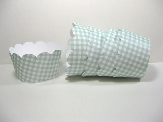 12 scalloped standard size cupcake wrappers - cupcake holder - baby shower - gingham mint green w... | Etsy (US)