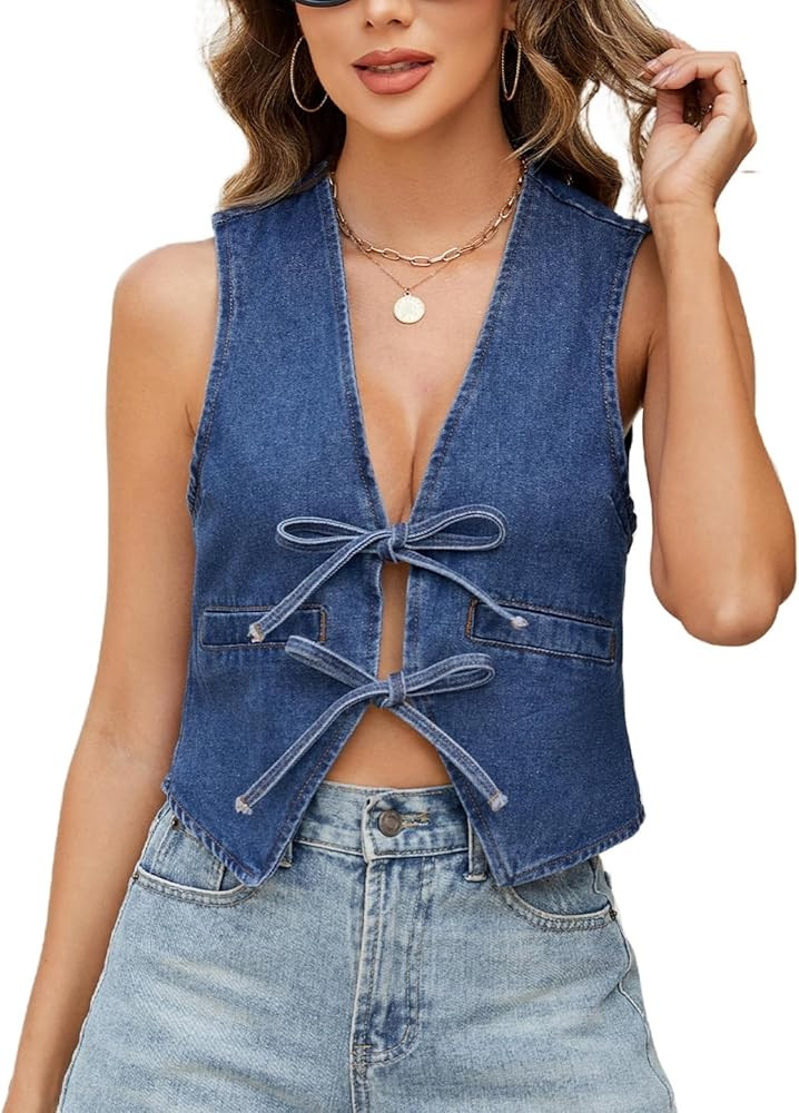 Ladyful Women's Denim Vest Top V Neck Bow Tie Front Jean Vest Sleeveless Lightweight Summer Sexy ... | Amazon (US)
