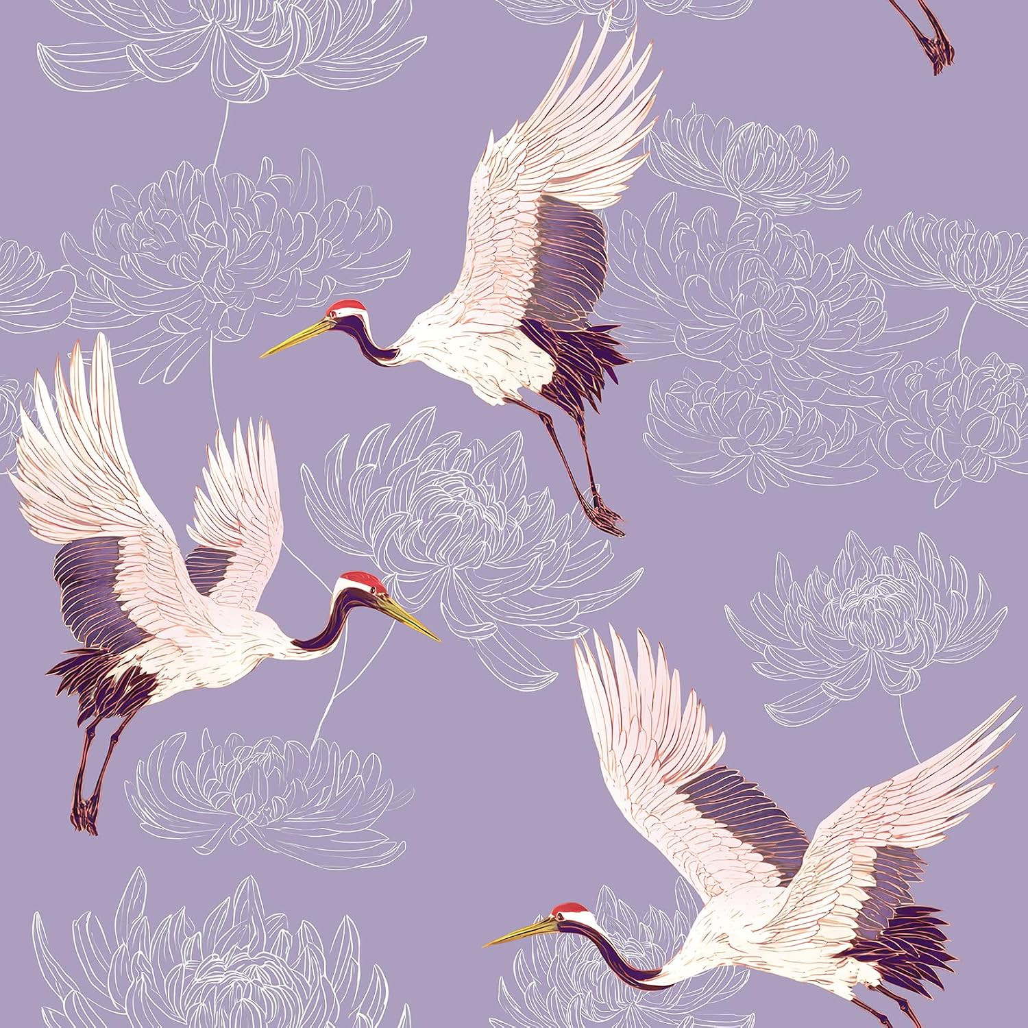 VaryStyle Purple Crane Wallpaper Vintage Bird Floral Peel and Stick Wallpaper for Bedroom Bathroom Chinoiserie Wall Paper 17.7"x118" Removable Self Adhesive Purple Contact Paper for Cabinets Shelves | Amazon (US)