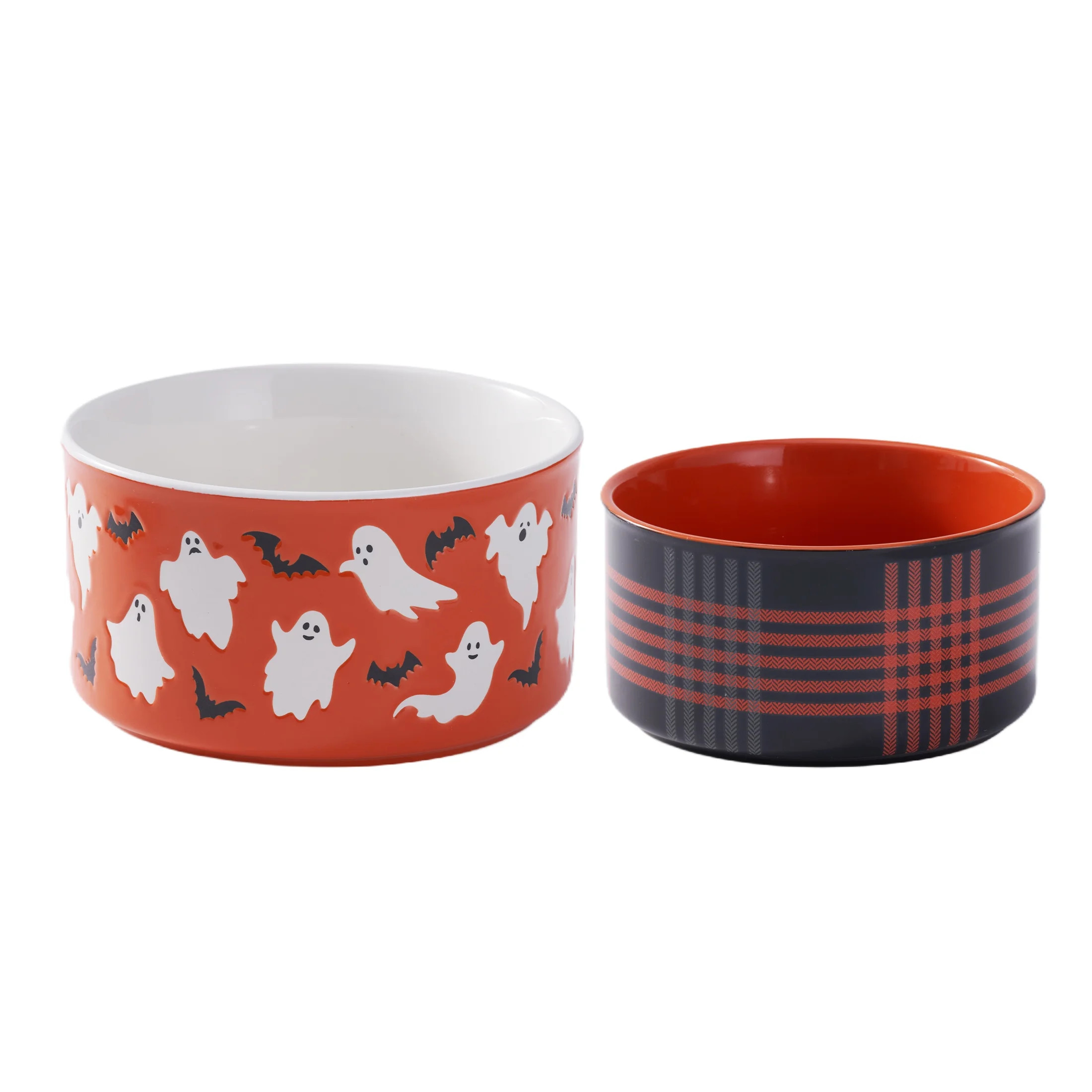 Way to Celebrate  4-Piece Flying Ghost and Bats / Orange and Black Plaid Glazed Stoneware Bake & ... | Walmart (US)