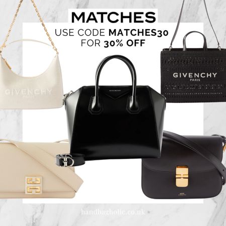 Add a timeless classic designer bag to your collection with 30% off at Matches. Use code MATCHES30 for the discount. The Givenchy Antigona in smooth black is so chic as well as the 4G crossbody bag and also Grace bag from APC at a more affordable price point. 

#LTKCyberSaleIT #LTKCyberWeek #LTKCyberSaleUK