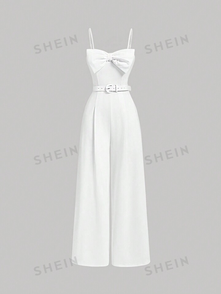 SHEIN MOD Summer Bow White Wide Leg Jumpsuit With Waist Belt , White Jumpsuit,Shapewear Jumpsuit,... | SHEIN