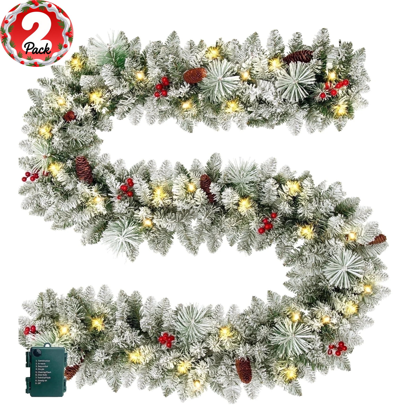 2 Pack 9ft Pre-Lit Snow Flocked Christmas Garland with 160 LED Lights w/ 8 Modes & Timer for Outd... | Walmart (US)