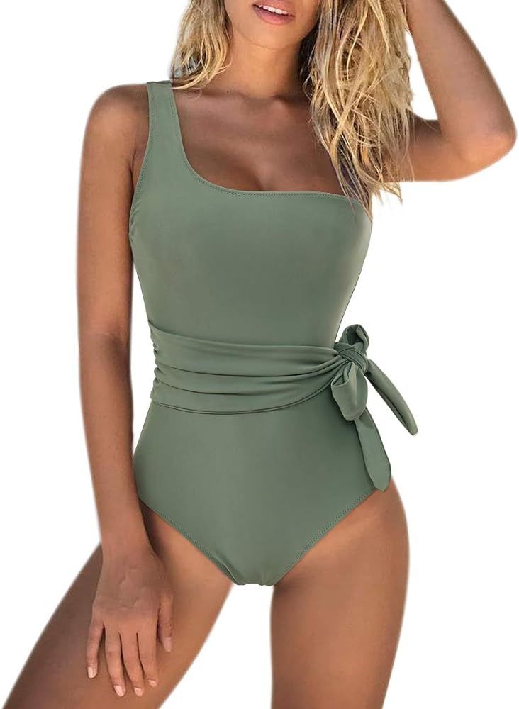 Women One Shoulder One Piece Swimsuits Tie Knot High Waisted Monokini | Amazon (US)